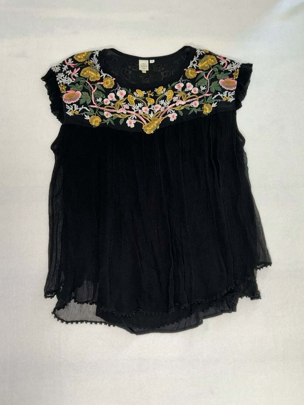 Anthropologie Seen Worn Kept Bethany Black Embroidery Floral Sleeveless Blouse L